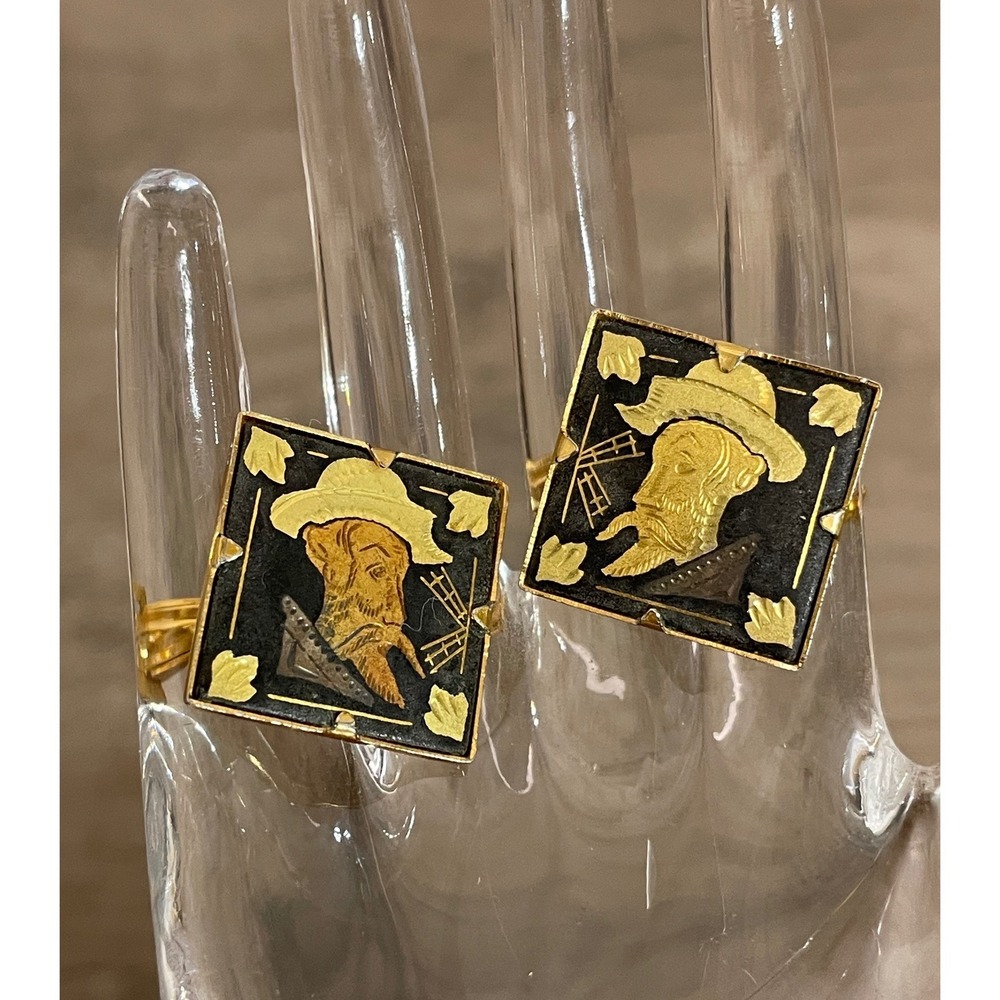 Vintage Cufflinks Don Quixote Damascene Gold Black Spanish Style Elegant Wedding